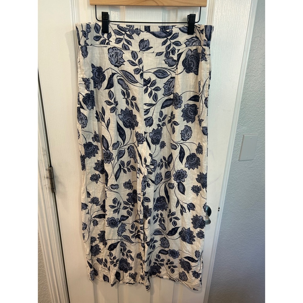 Ella Moss Wide Leg Pants Blue Floral Linen Blend Elastic Waist Casual Trousers
